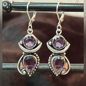 Sterling Silver Amethyst Drop Earrings - Purple Teardrop Dangle